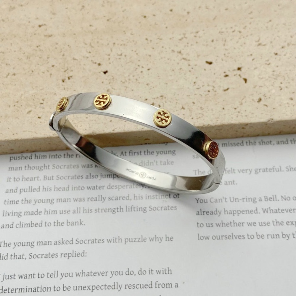 Tory Burch Silver Bangle with Gold Accents